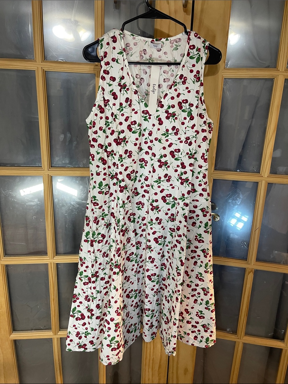 208. Cherry-Print Sleeveless A-Line Dress - White/Red by Tulip